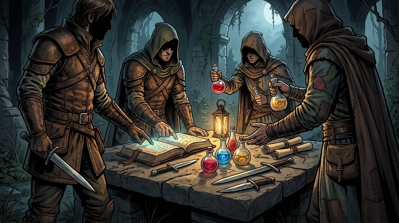 Четыре приключенца распределяют зелья, клинки и свитки перед опасной битвой с боссом.